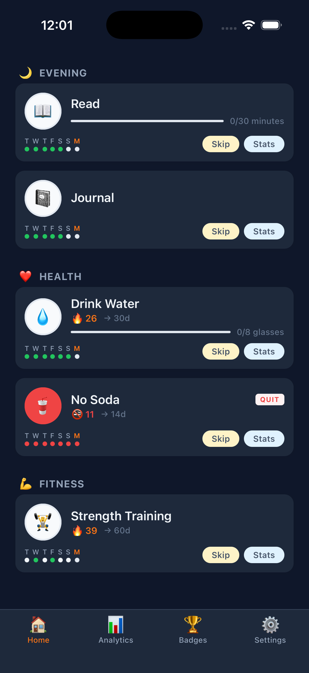 Habits organized by category — Evening, Health, Fitness