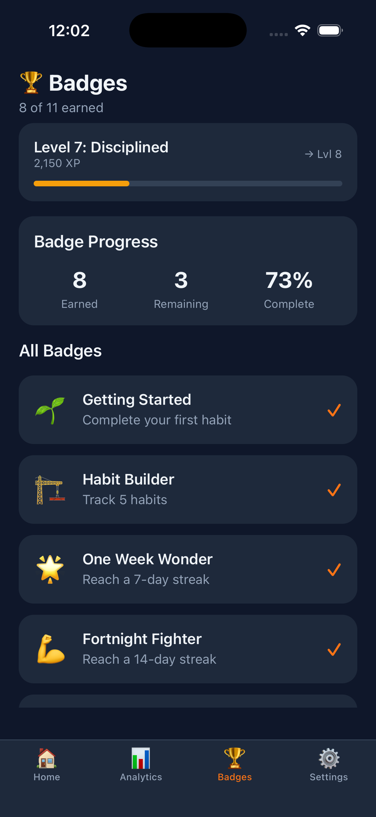 Achievement badges and level progress