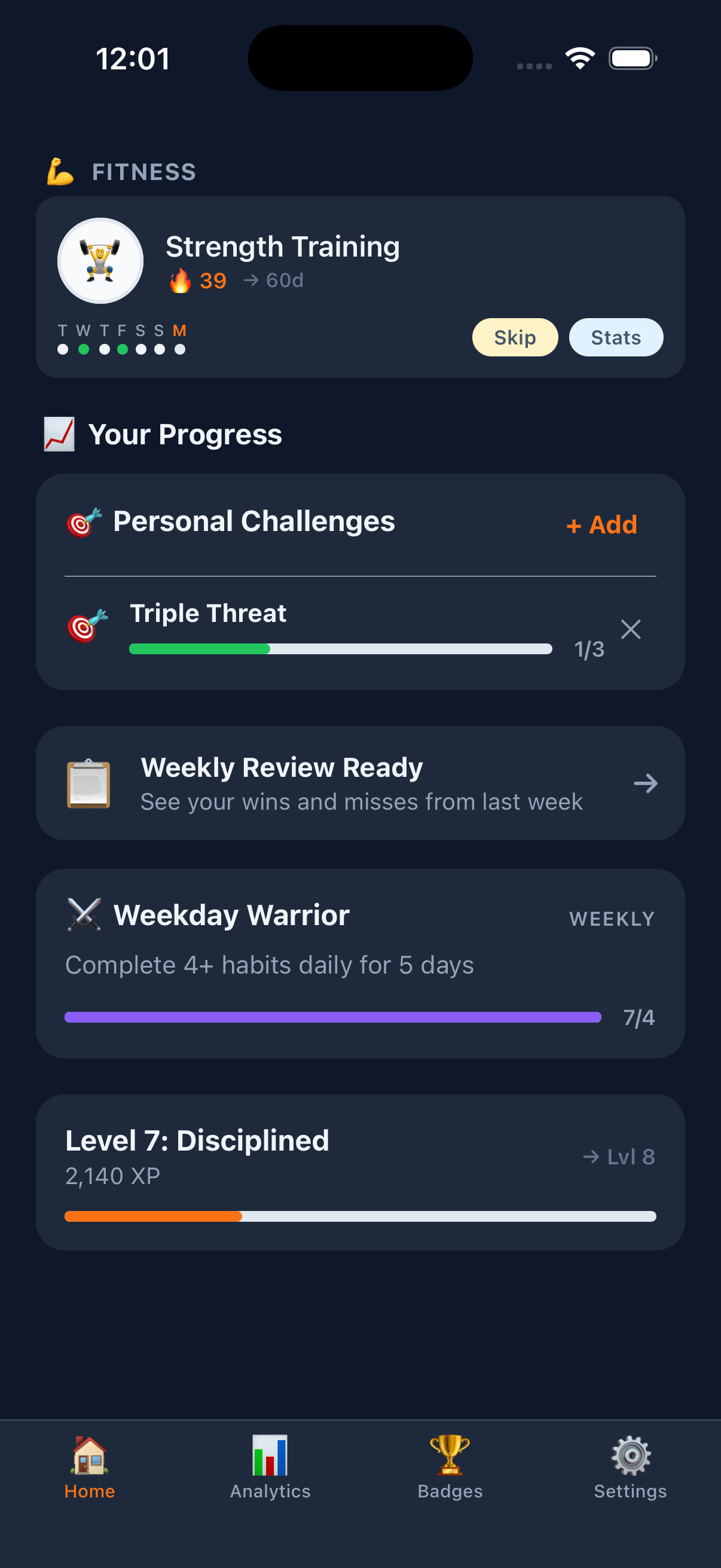 Personal challenges, weekly review, and XP